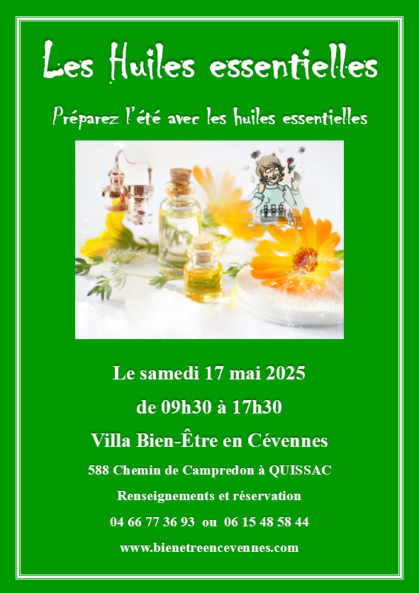 Affiche huiles essentielles verte mai 2025